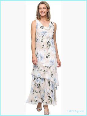 Formal Sleeveless Cowl Neck Floral Print Gown with Shawl